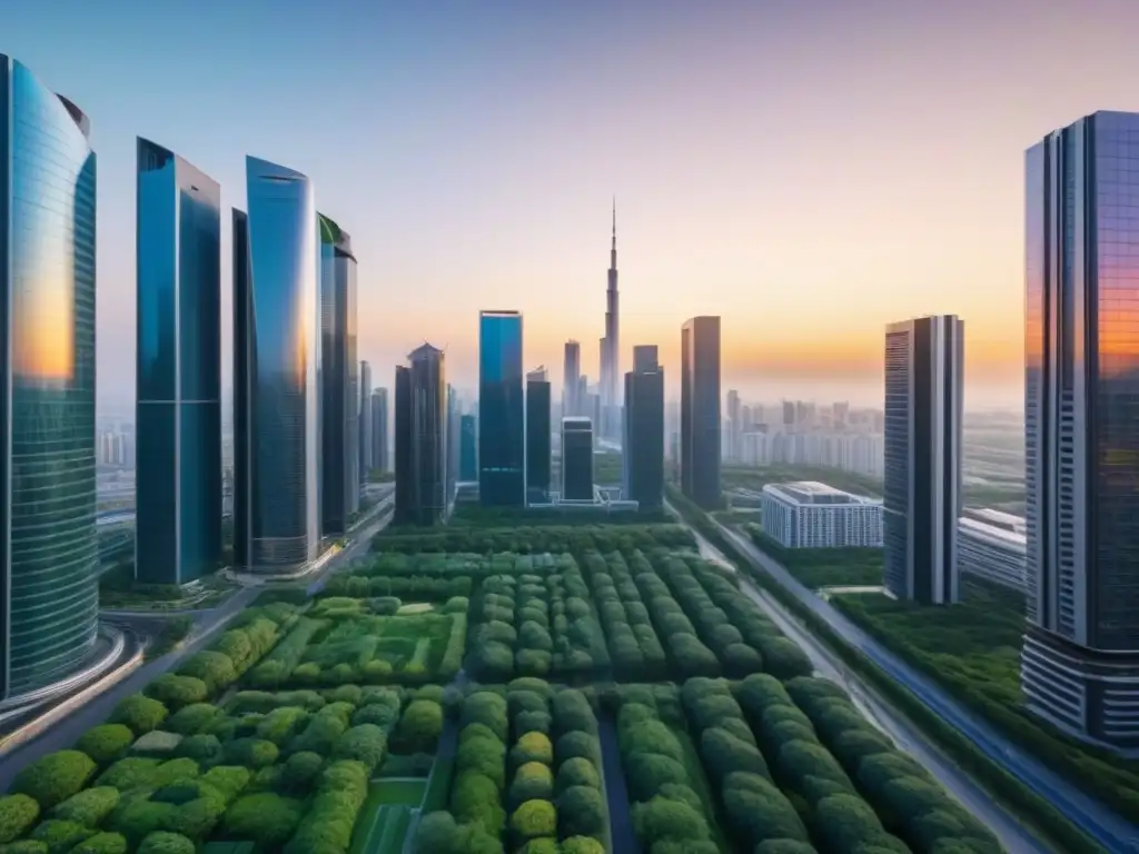 Metrópolis futurista: integración de la naturaleza y tecnología Una metrópolis futurista con rascacielos modernos y vegetación, reflejando la integración de productos financieros híbridos inmobiliarios