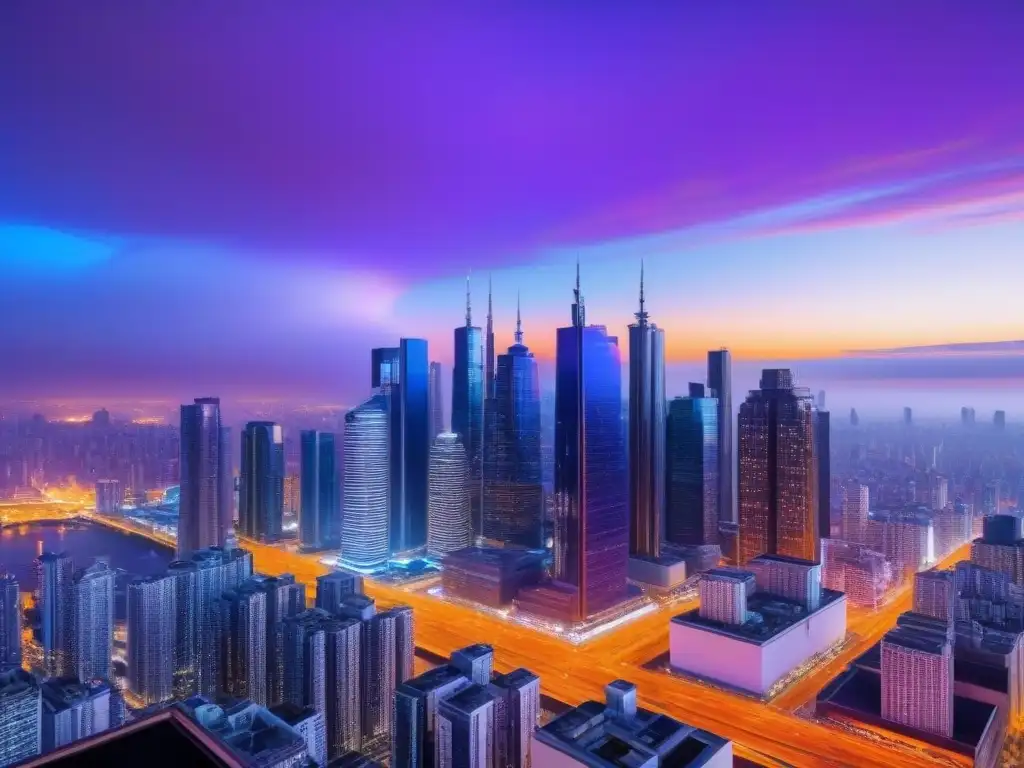 Metrópolis futurista: innovación en luces y arquitectura Una metrópolis futurista con rascacielos relucientes y luces vibrantes, reflejando innovación y progreso