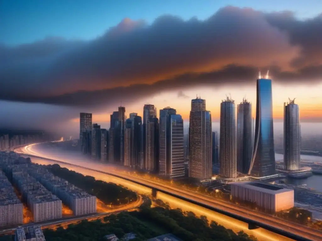 Metrópolis futurista: atardecer dorado en la ciudad tecnológica Una metrópolis futurista con rascacielos relucientes reflejando el sol poniente, mostrando una ciudad avanzada con tecnologías integradas