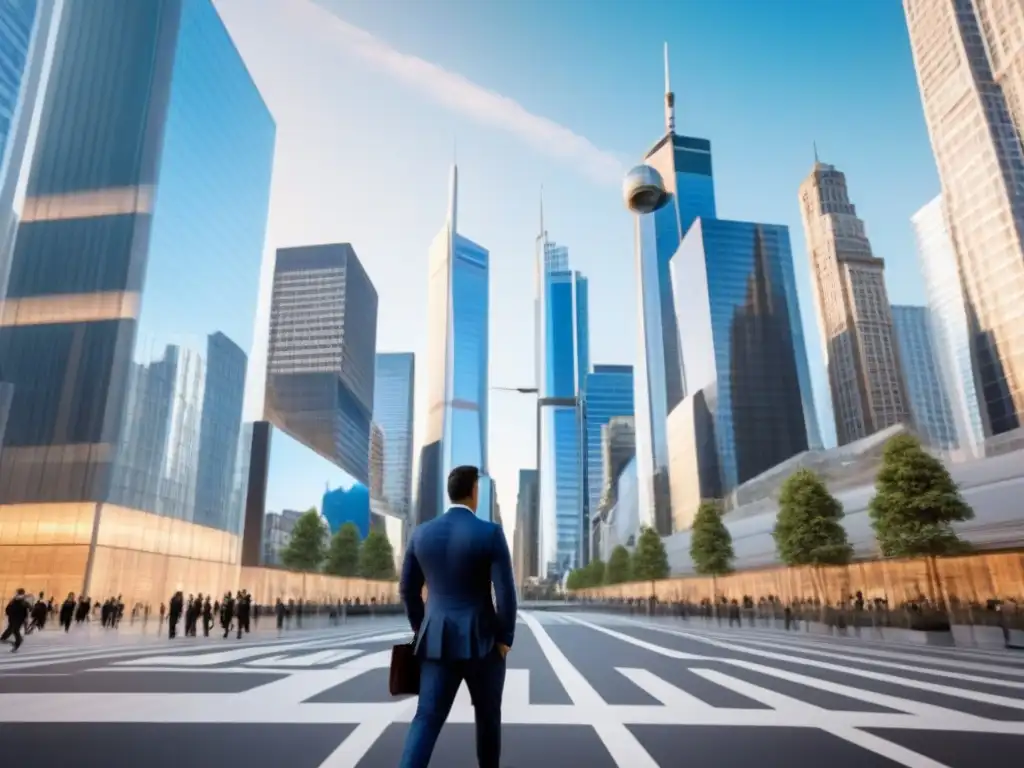 Distrito financiero futurista: Innovación en real estate Una metrópolis futurista de rascacielos de vidrio y acero, con profesionales usando tecnología en finanzas inmobiliarias