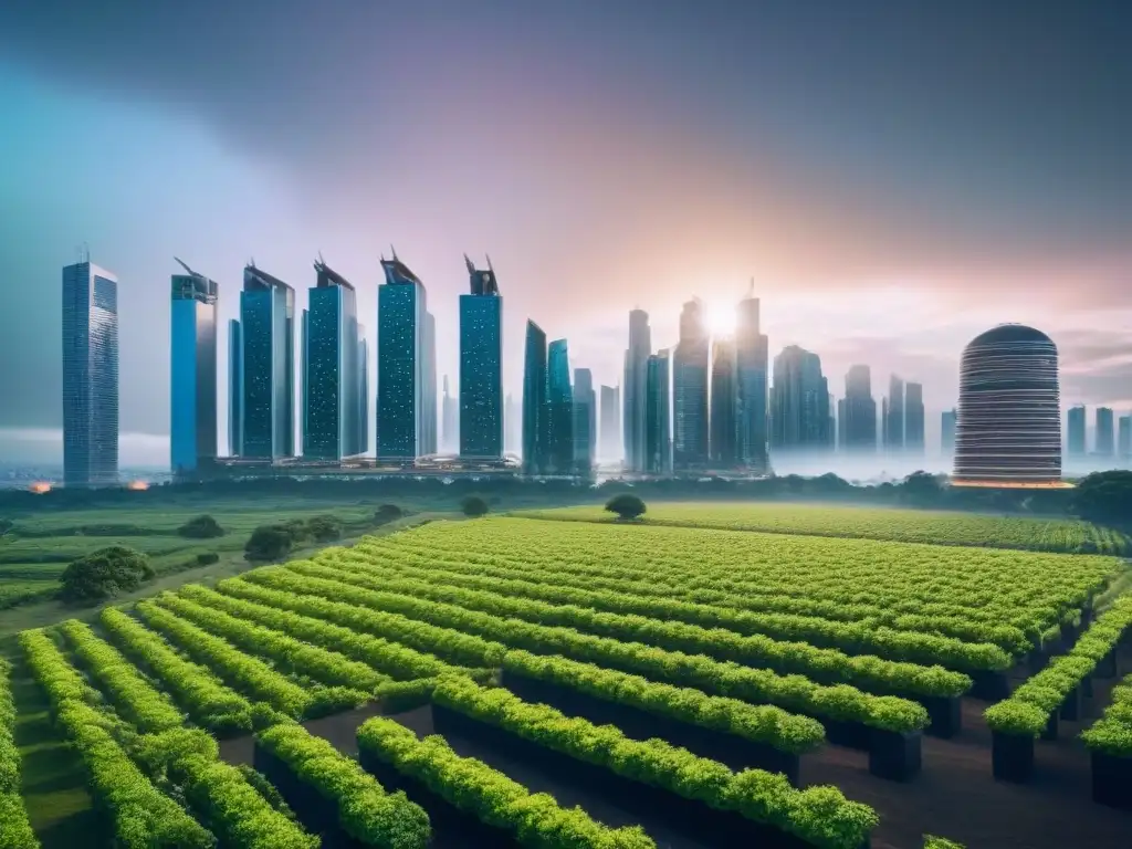 Metrópolis futurista sostenible: diseño arquitectónico moderno y verde Una metrópolis futurista sostenible con edificios innovadores y espacios verdes, reflejando políticas habitacionales inversión largo plazo