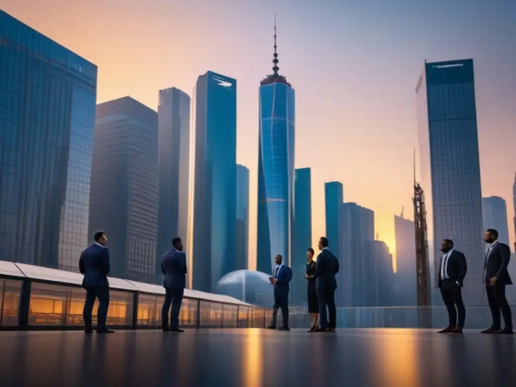 Profesionales en la ciudad: colaboración y gestión de riesgos inmobiliarios Una metrópolis moderna al atardecer, profesionales dialogan