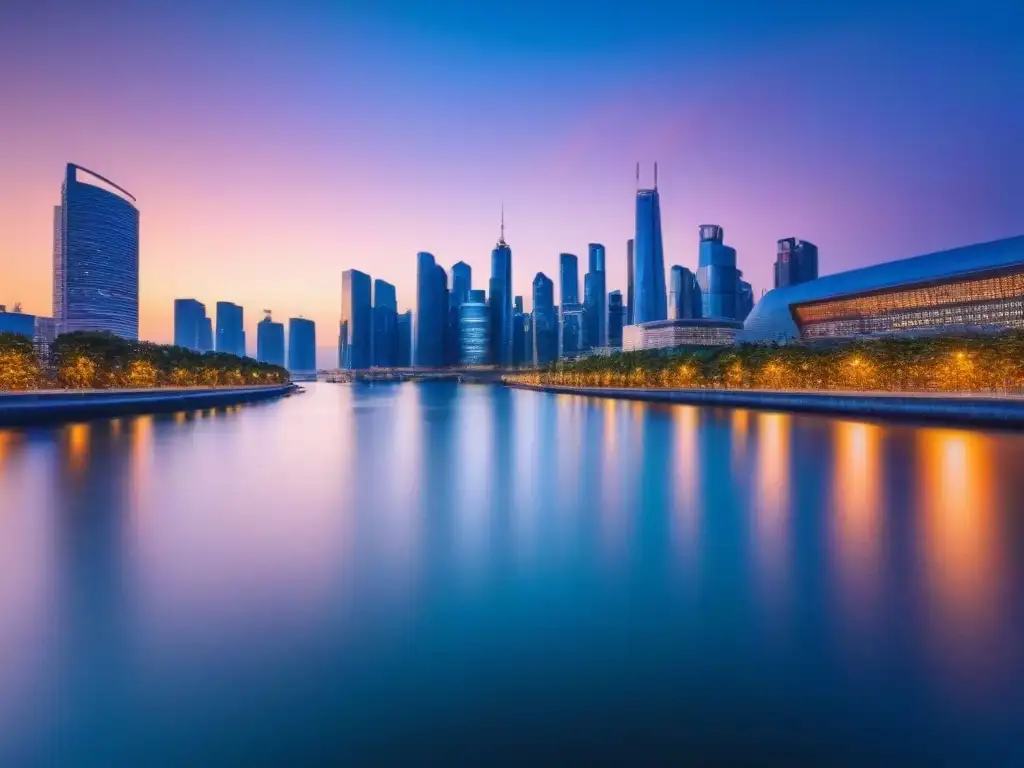 Skyline urbano moderno: luces vibrantes reflejadas en río Una metrópolis moderna iluminada al atardecer, con rascacielos reflejándose en un río