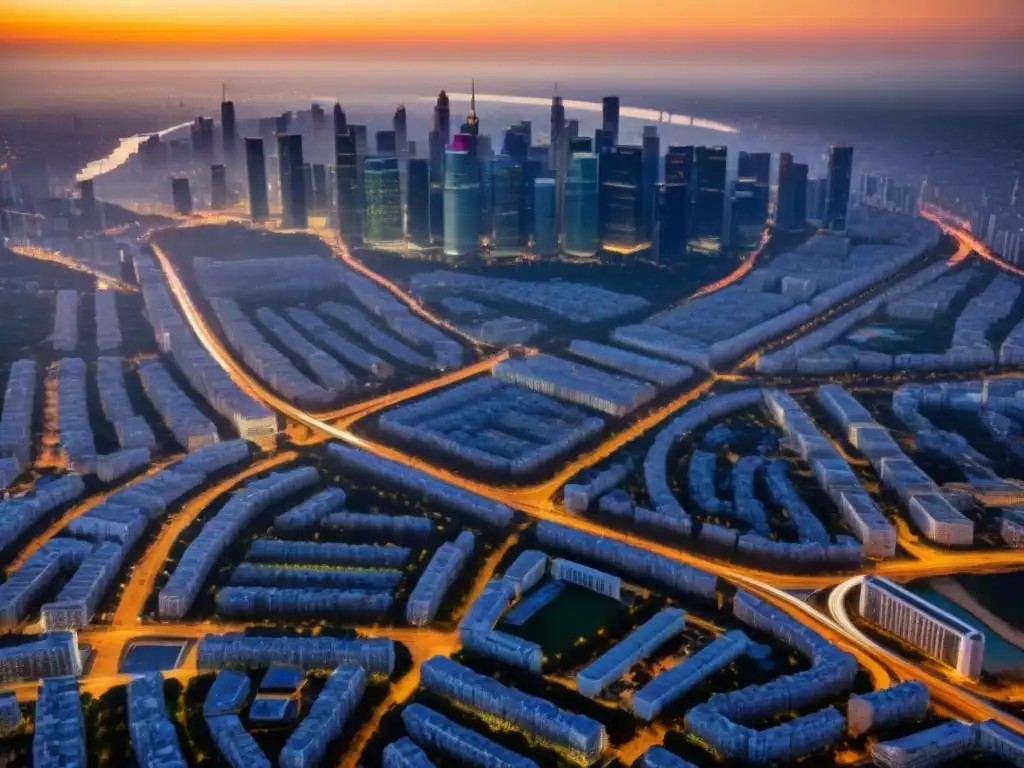 Horizonte urbano: metrópolis moderna para inversión inmobiliaria Una metrópolis moderna con rascacielos imponentes en el horizonte, simbolizando oportunidades de inversión inmobiliaria extranjera