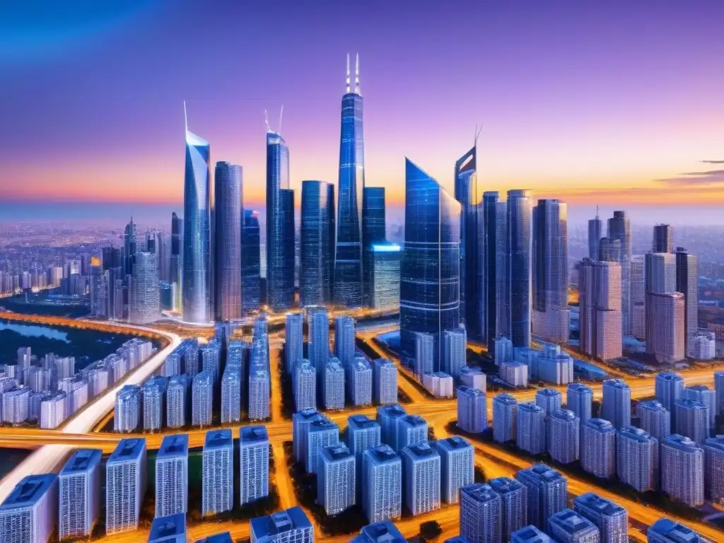 Metrópolis futurista: tecnología y eficiencia en el sector inmobiliario Mirada futurista de la ciudad al anochecer con tecnología y automatización en préstamos inmobiliarios tendencias