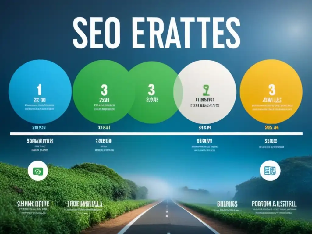 Gráficos SEO: Estrategias para afiliados inmobiliarios Infografía moderna de SEO para afiliados inmobiliarios, con gráficos y estadísticas detalladas en tonos azules, verdes y blancos