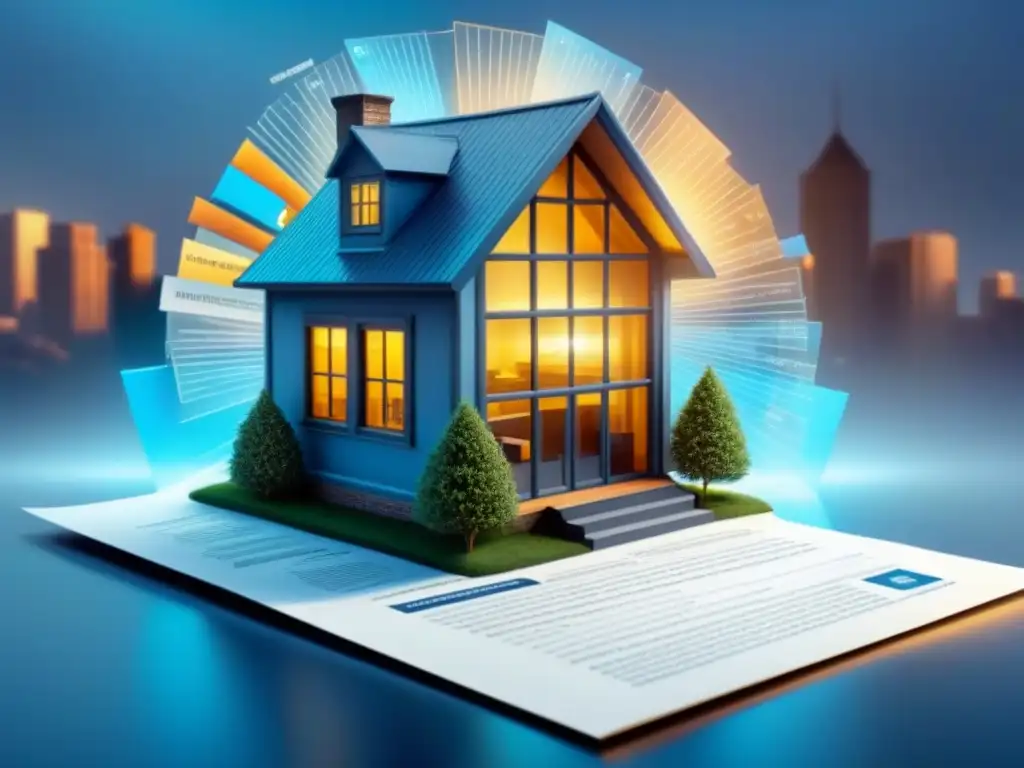Resguardo legal: Casa transparente rodeada de documentos y protección Ilustración moderna de una casa transparente rodeada de documentos legales y pólizas de seguro, con un escudo de protección y un fondo de ciudad