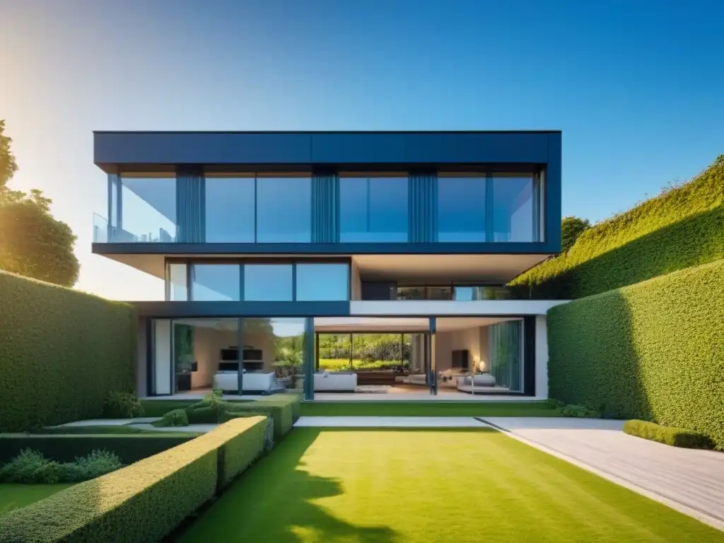 Casa moderna con ventanales y jardín exuberante Moderna casa con ventanales y jardín verde, destaca tranquilidad y lujo