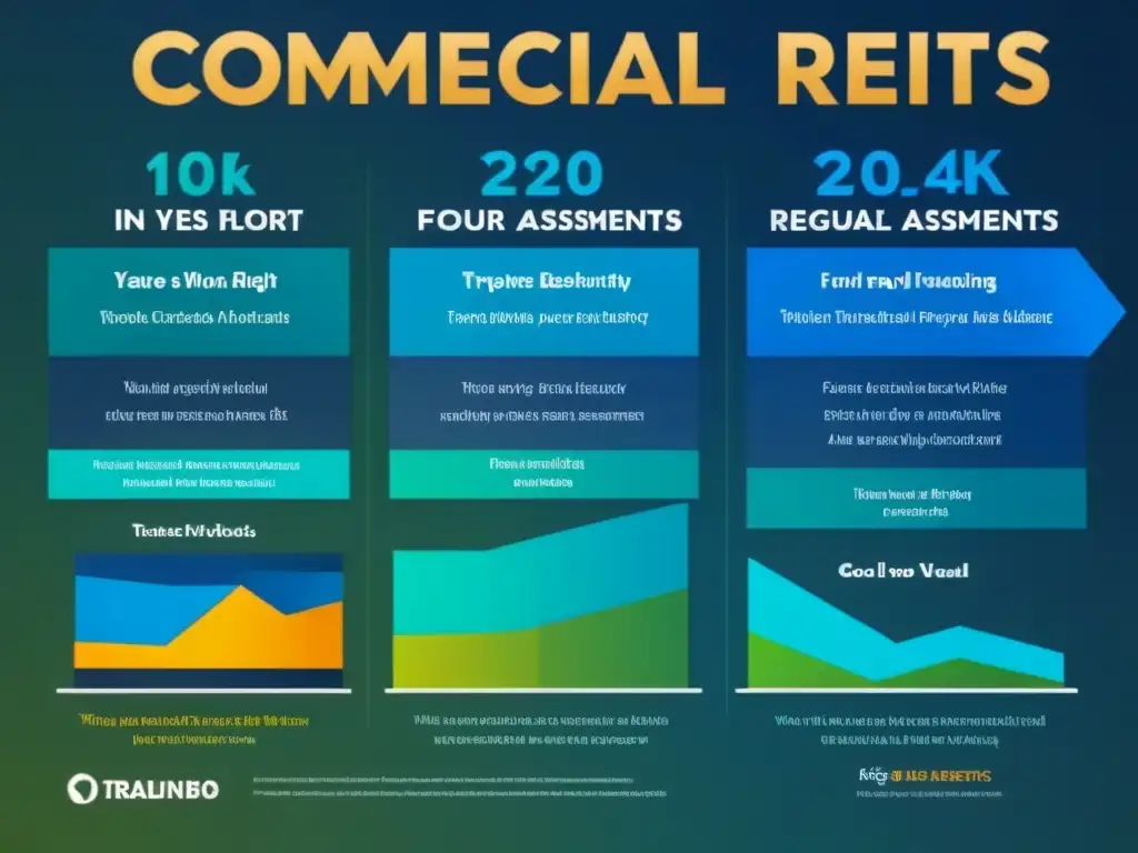 Inversión en REITs comerciales: factores clave y tendencias del mercado Infografía moderna sobre inversión en REITs comerciales para principiantes, con gráficos detallados y colores inspiradores
