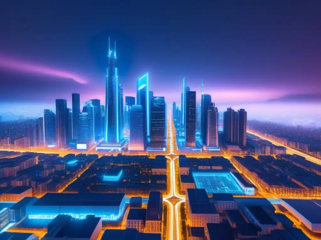 Metrópolis futurista: ingresos estables en sistemas hipotecarios Una ilustración gráfica moderna y detallada de una ciudad futurista transparente con conexiones de red intrincadas brillando en luces de neón, simbolizando el concepto de hipotecas basadas en ingresos futuros en sistemas hipotecarios futuristas