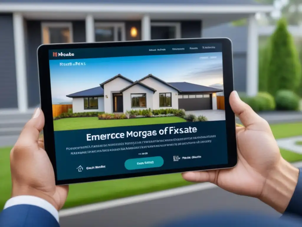 Casa moderna con hipoteca fija: imagen detallada y educativa Moderna casa con hipoteca fija en tablet, Ventajas hipotecas tasa fija