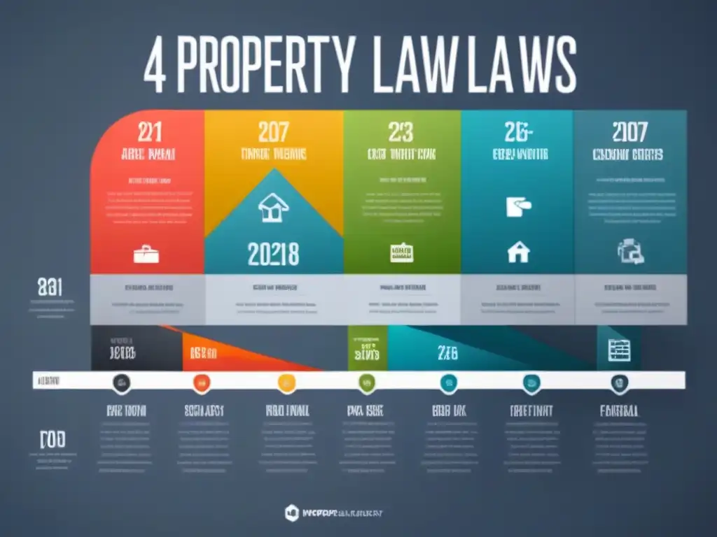 Infografía moderna: evolución de leyes de propiedad 2021 Infografía moderna sobre leyes propiedad horizontal 2021 con hitos clave, iconos de cambios legales y secciones destacadas en colores