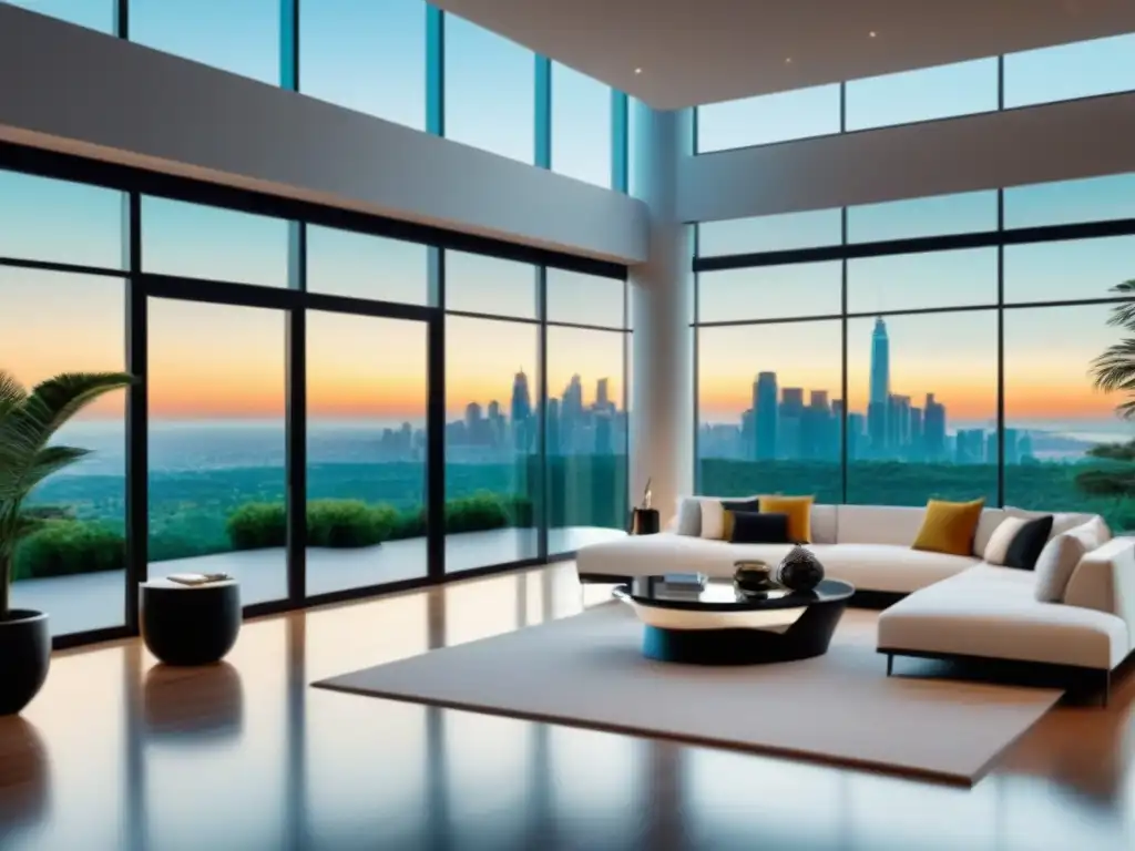 Residencia de lujo: diseño moderno con vistas panorámicas Mansión moderna de lujo rodeada de vegetación, diseño interior elegante y vista panorámica a la ciudad