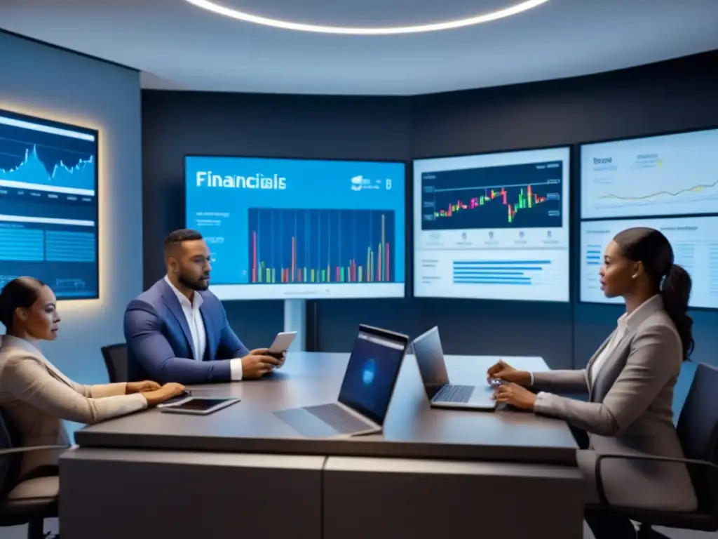 Profesionales éticos analizan datos financieros en oficina futurista Una ilustración moderna de profesionales diversos discutiendo datos financieros con ética en un entorno futurista de oficina
