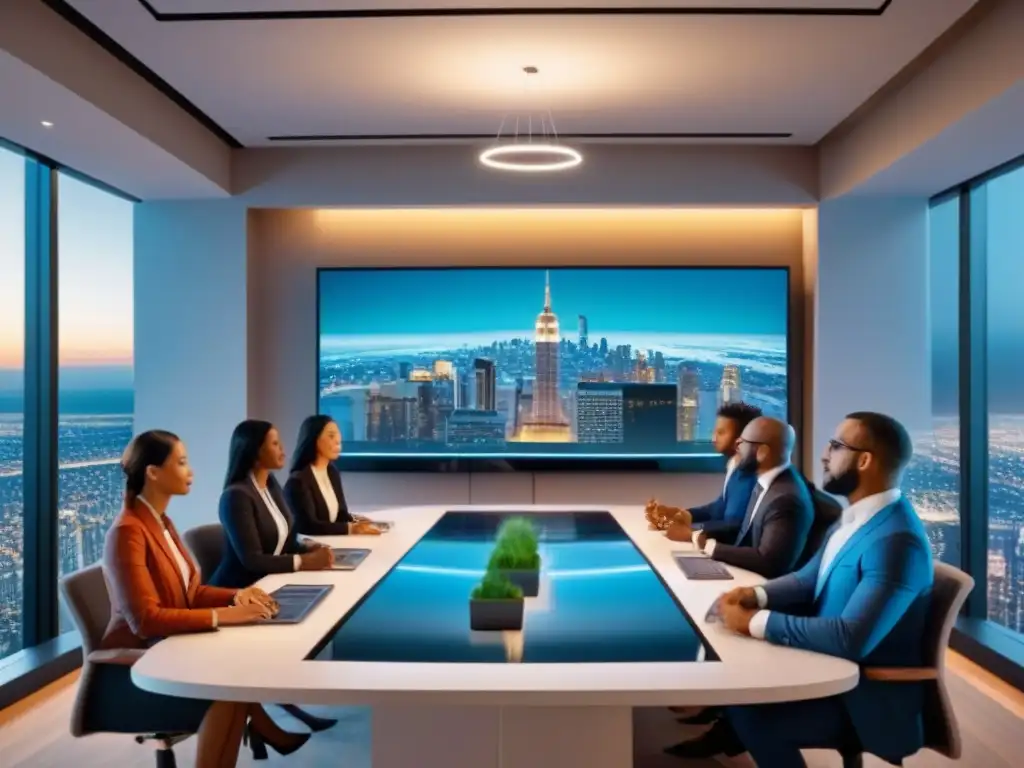 Reunión de inversión inmobiliaria: diversidad y tecnología Una ilustración moderna de profesionales diversos debatiendo sobre inversión en crowdfunding inmobiliario en una sala de juntas futurista