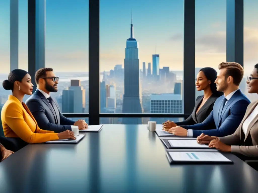 Diversidad y colaboración en negocios: reunión profesional Una ilustración moderna de profesionales de negocios diversa en una reunión colaborativa alrededor de una mesa de conferencias, con fondo de ciudad