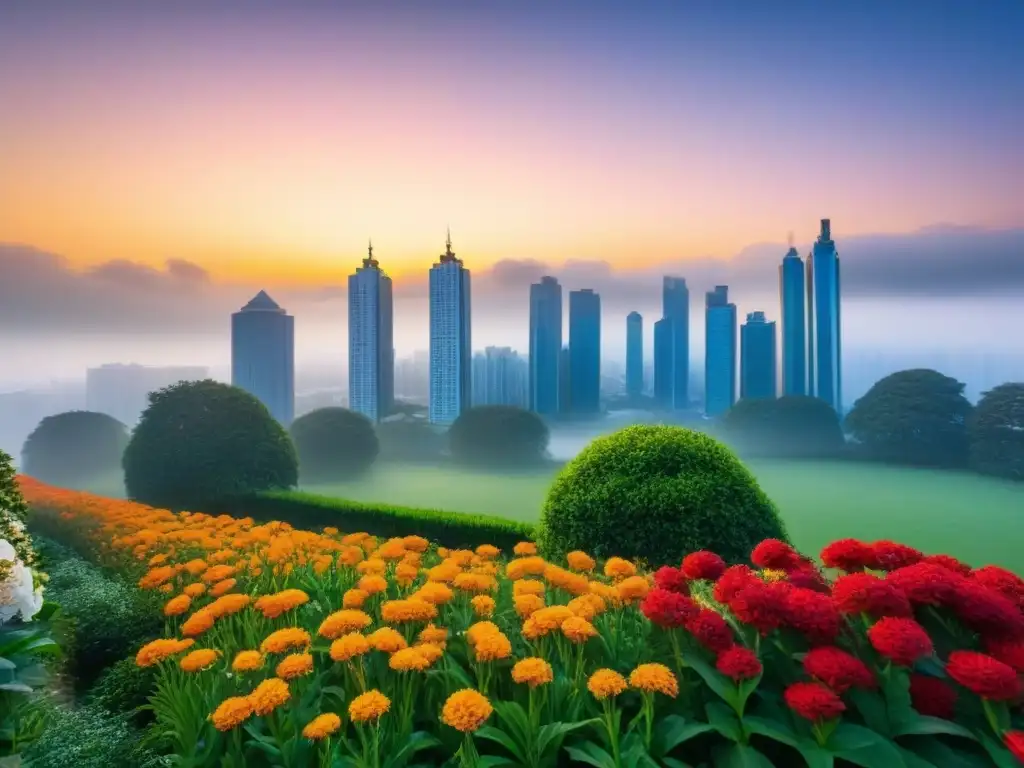 Armonía urbana: atardecer en ciudad moderna y parque floreciente Metrópolis moderna con rascacielos al atardecer y parque floral, reflejo de armonía entre desarrollo urbano y naturaleza