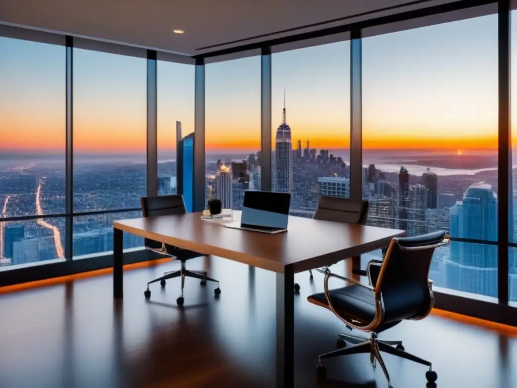 Modern boardroom de lujo con vista panorámica al atardecer Moderna sala de juntas lujosa con vista panorámica a la ciudad al atardecer, ideal para consejos aprobación financiamiento bienes raíces