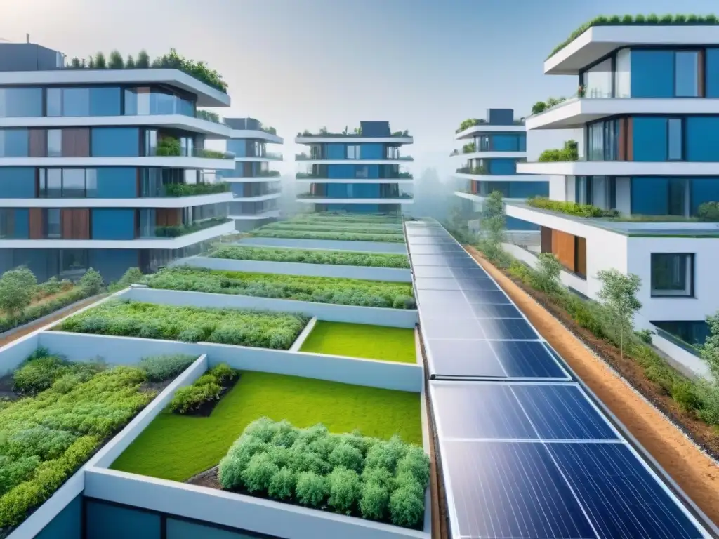 Complejo residencial sostenible con innovadores sistemas de agua Una moderna urbanización con sistemas de gestión sostenible financiamiento inmobiliario y diseño ecoamigable bajo un cielo azul claro