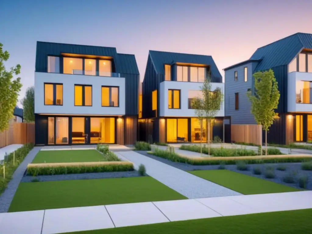 Diseño moderno en suburbio eco-friendly Una moderna urbanización suburbana con diseño contemporáneo y características ecológicas