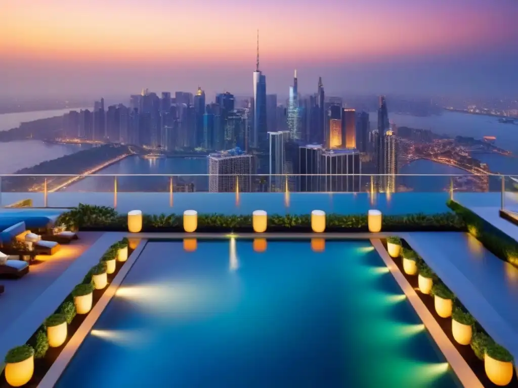Espectacular propiedad de lujo en la ciudad al atardecer Modernidad y lujo en un edificio alto en el corazón de la ciudad al anochecer, estrategias precios mercado lujo