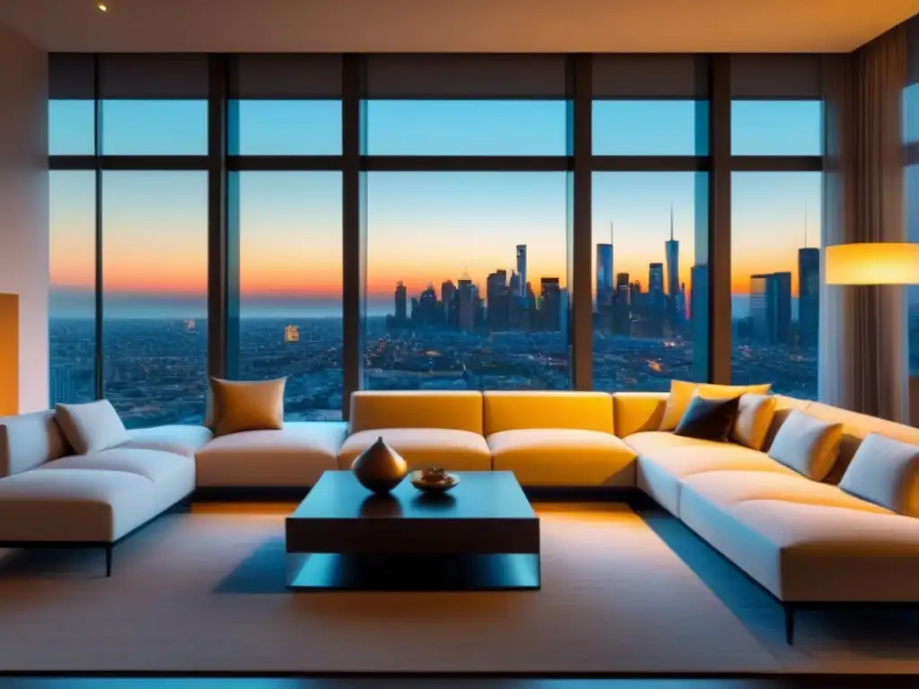 Sala de estar de lujo con vista panorámica a la ciudad al atardecer Modernidad y lujo en sala con vista a la ciudad al atardecer, ideal para Consejos para negociar financiamiento inmobiliario