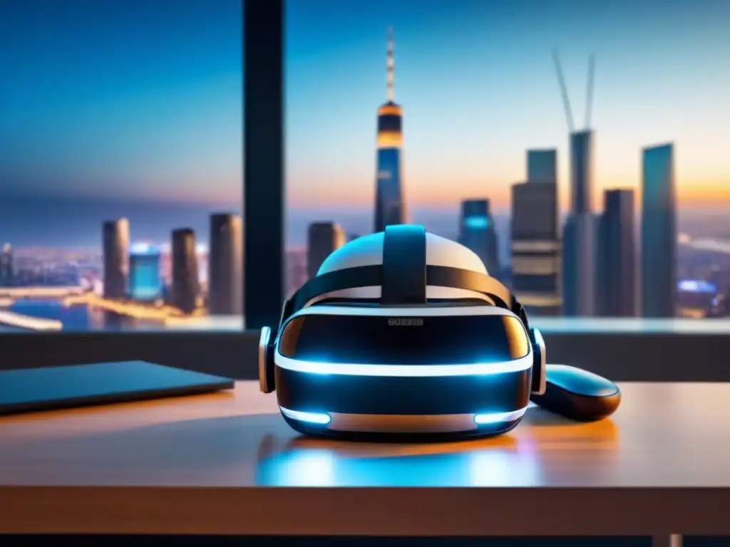 Realidad virtual: tecnología innovadora en un entorno profesional Un moderno casco de realidad virtual en un elegante escritorio con una vista panorámica de la ciudad al fondo
