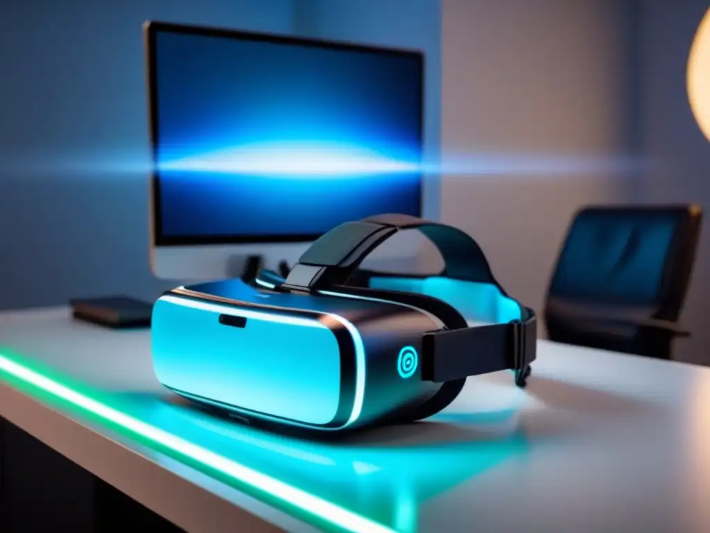 Auditoría financiera en realidad virtual futurista Un moderno casco de realidad virtual con informe financiero holográfico, tecnología cumplimiento normativo sector inmobiliario