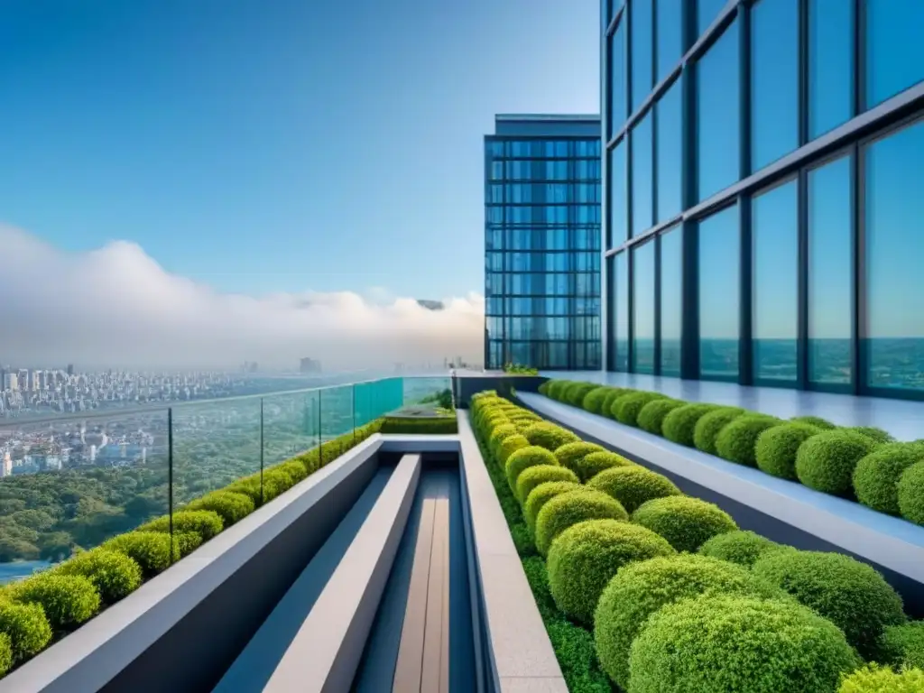 Residencial de lujo en la ciudad: modernidad y sofisticación en 2021 Un moderno complejo de condominios con fachadas de vidrio, terraza verde y mobiliario elegante