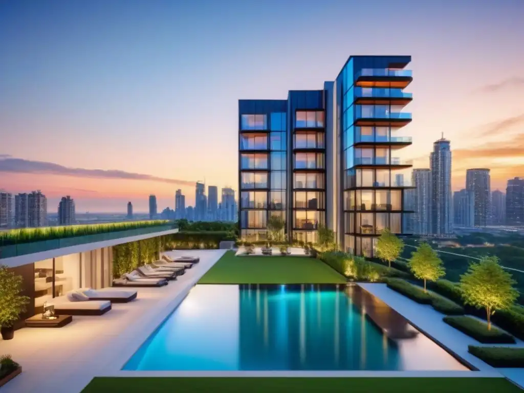 Un moderno complejo de condominios de lujo con fachadas de vidrio y exuberantes jardines, frente a un vibrante horizonte urbano al atardecer