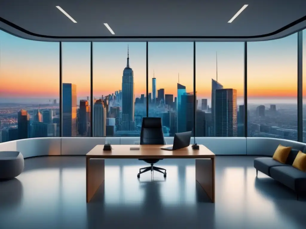 Oficina inmobiliaria futurista: brainstorming en la era digital Un moderno despacho inmobiliario con vista a la ciudad y profesionales en reunión, ideal para 'Publicidad en Facebook para inmobiliarias'