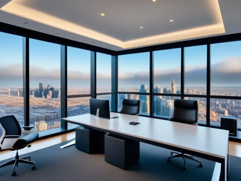Moderno despacho con vista a la ciudad y tecnología de vanguardia para reuniones en desarrollo inmobiliario