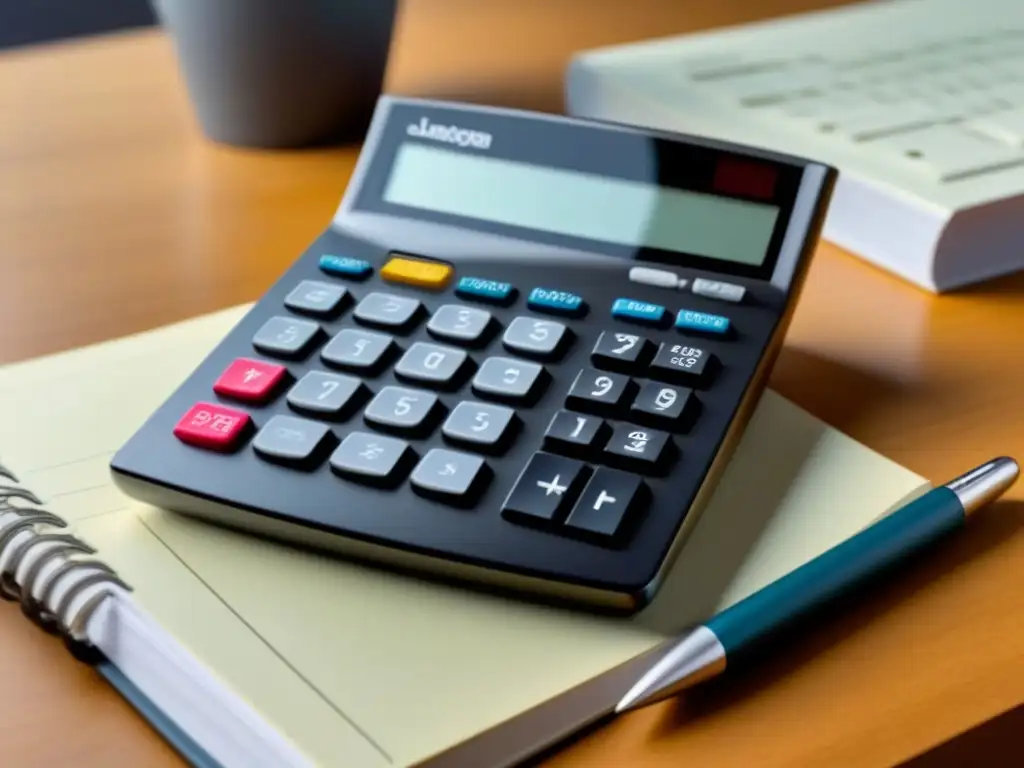 Calculadora moderna con deducciones: ultradetalle 8k Un moderno y detallado calculadora con deducibles seguros propiedad inmobiliaria, rodeada de herramientas en un elegante escritorio contemporáneo