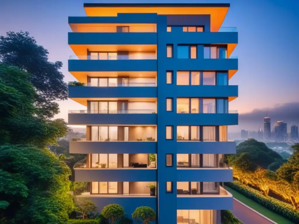 Edificio moderno con alta seguridad y diseño elegante en entorno urbano Un moderno edificio de apartamentos con alta seguridad y luces de sensor de movimiento, rodeado de vegetación y con una ciudad vibrante al fondo