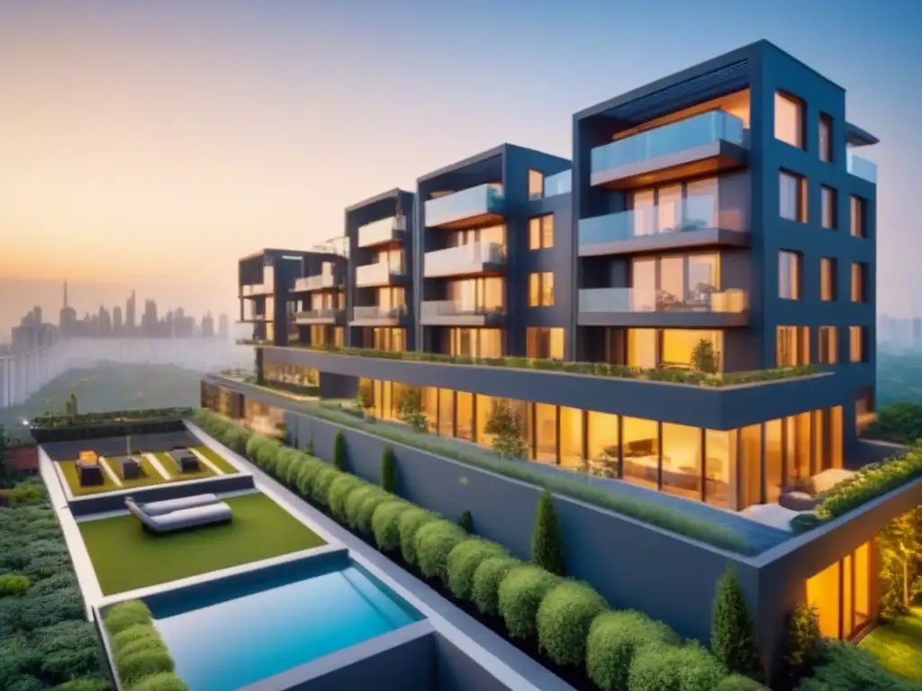 Edificio de lujo con jardín en la azotea en la ciudad Moderno edificio de apartamentos con jardín en la azotea, rodeado de rascacielos