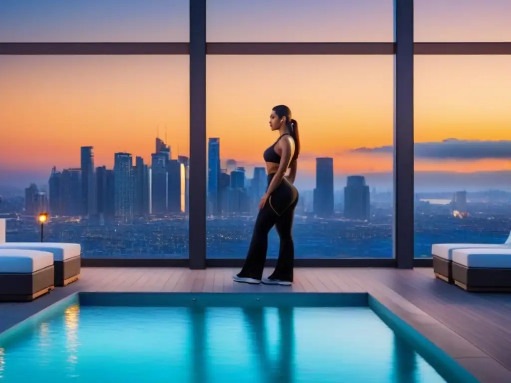 Edificio de lujo con vistas a la ciudad al atardecer Un moderno edificio de apartamentos de lujo con ventanas de piso a techo, con vista a un bullicioso horizonte urbano al atardecer