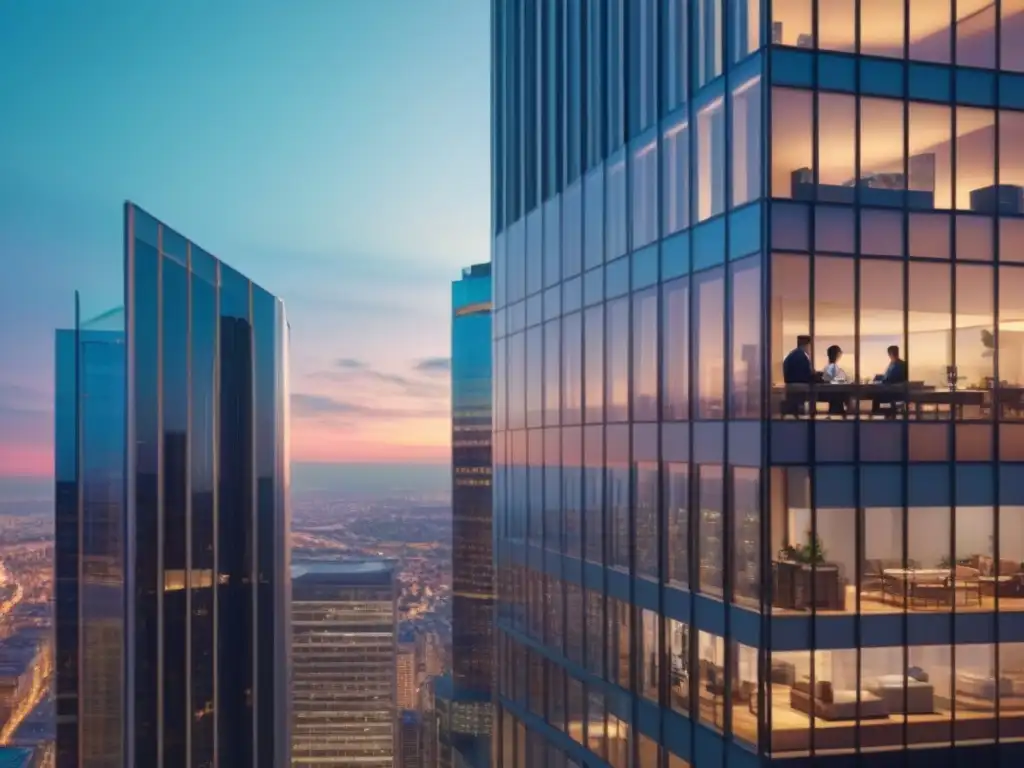Edificio comercial moderno en ciudad vibrante al atardecer Un moderno edificio comercial de cristal refleja la ciudad al anochecer, rodeado de profesionales activos
