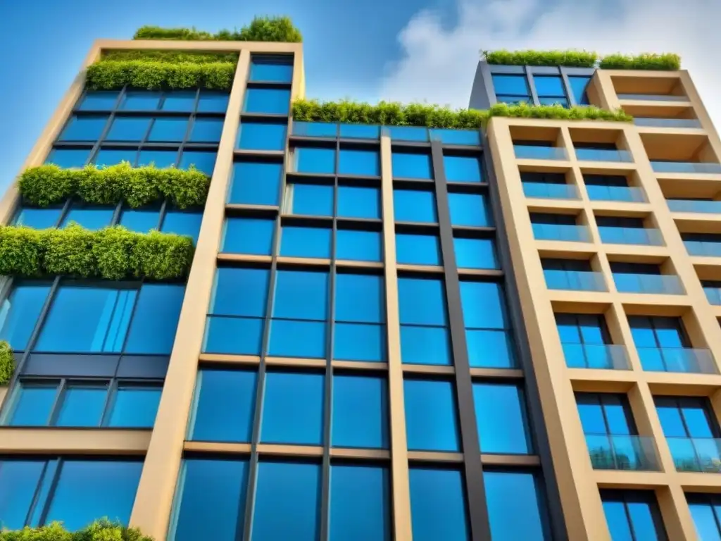 Edificio de lujo en altura: inversión inmobiliaria y protección de activos Moderno edificio de condominios en alto, reflejando el cielo en sus ventanales, rodeado de vegetación
