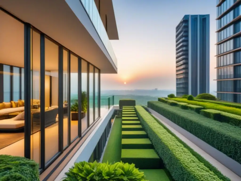 Edificio de lujo con jardines exuberantes y seguridad avanzada al atardecer Un moderno edificio de gran altura con ventanas de piso a techo, rodeado de exuberantes jardines y un sistema de seguridad de última generación