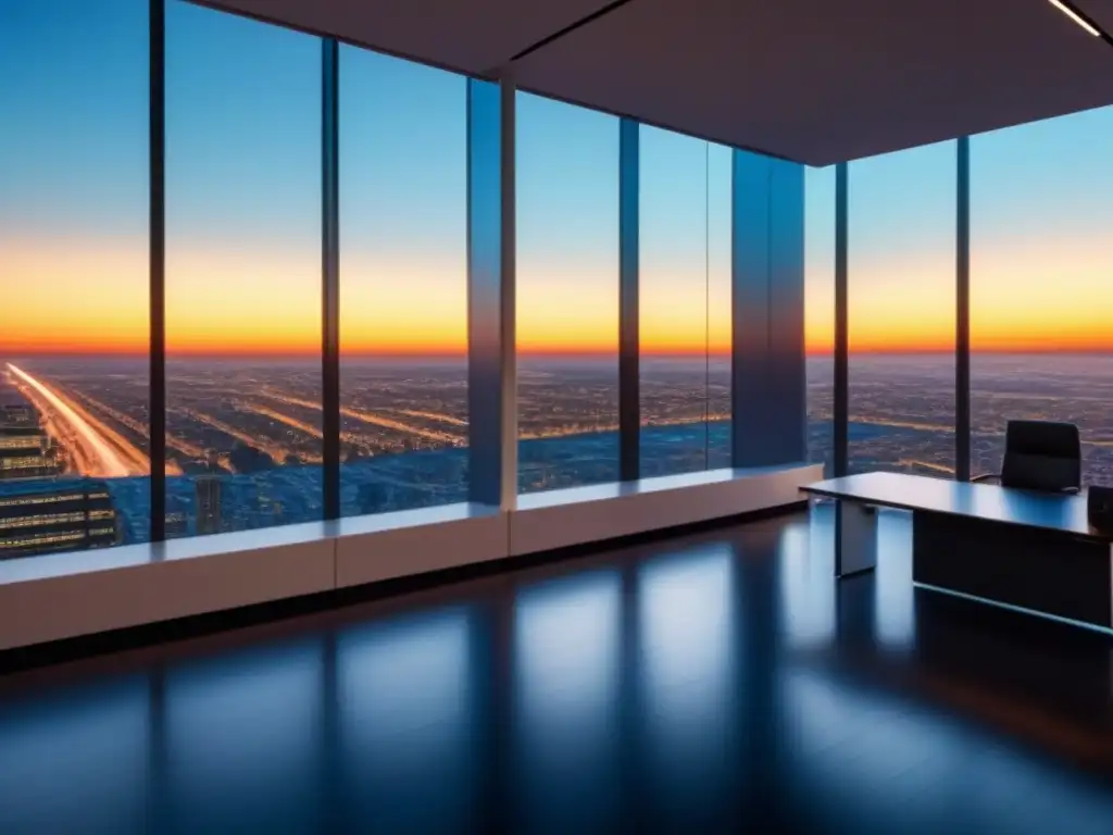 Edificio de oficinas moderno con vistas a la ciudad al atardecer Un moderno edificio de oficinas con ventanales que reflejan la ciudad al atardecer, un exitoso inversión inmobiliaria en crowdfunding