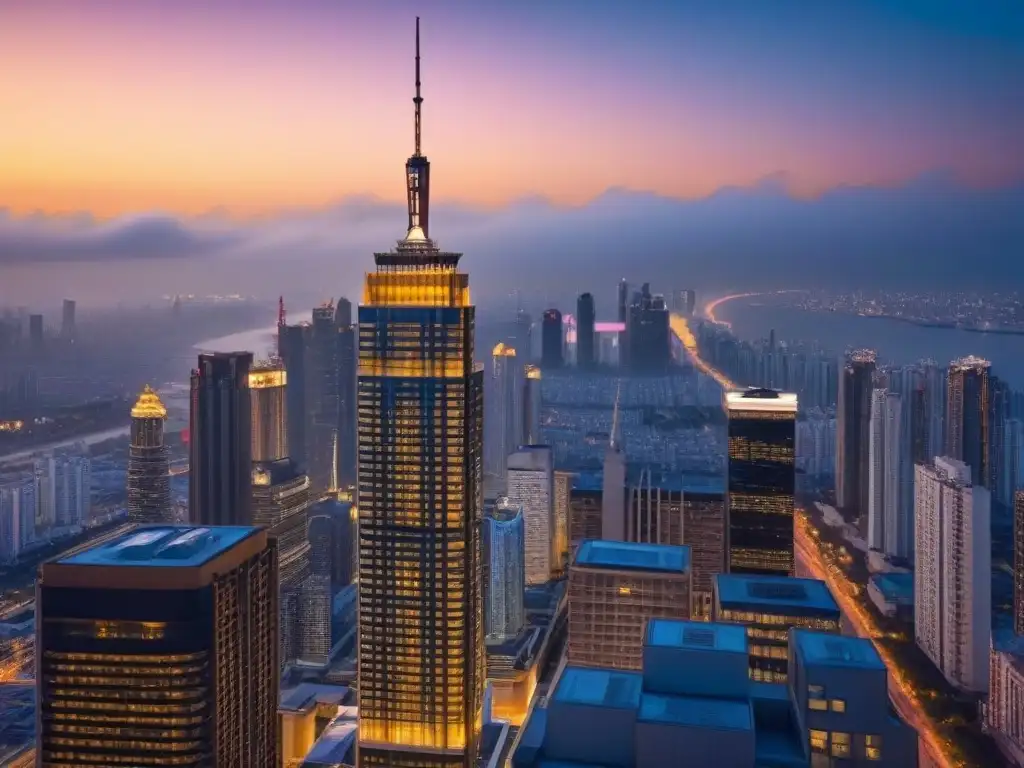 Edificio residencial de lujo con vistas a la ciudad al atardecer Un moderno edificio residencial de lujo con ventanas de piso a techo reflejando los tonos dorados del atardecer en una vibrante ciudad