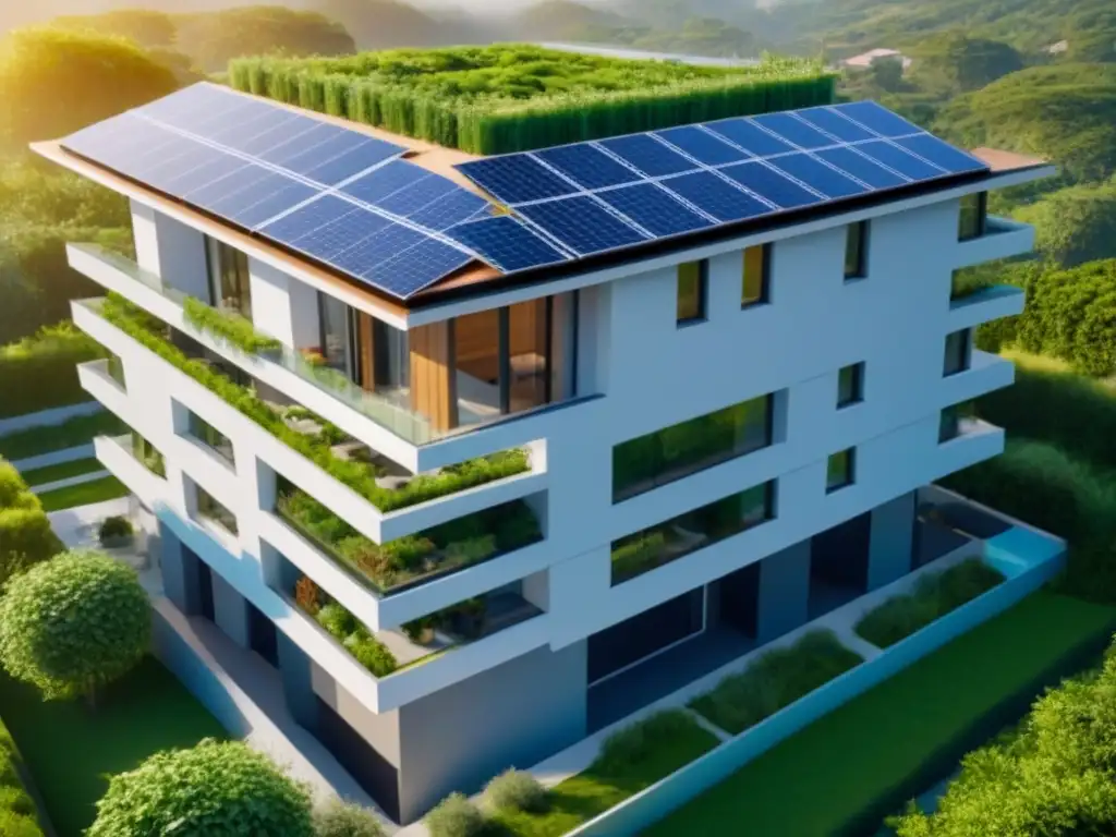 Edificio residencial ecoamigable con paneles solares en la azotea Un moderno edificio residencial con paneles solares en el techo, rodeado de naturaleza exuberante