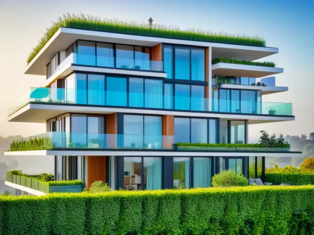 Edificio sostenible: diseño contemporáneo con paneles solares Un moderno edificio sostenible con diseño contemporáneo, rodeado de áreas verdes y paneles solares en el techo
