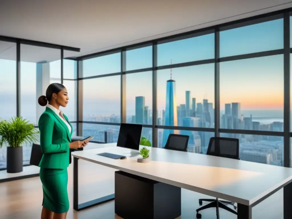 Innovación en Finanzas Inmobiliarias: Oficina moderna con vista urbana Un moderno y elegante ambiente de oficina con vista a una ciudad vibrante