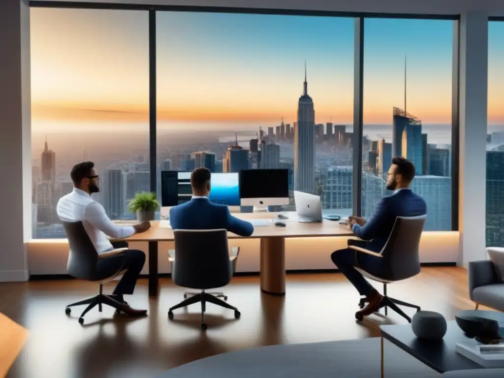 Oficina inmobiliaria moderna: equipo diverso en acción Un moderno y elegante despacho inmobiliario donde profesionales divers@s discuten estrategias de Marketing de afiliados para propiedades