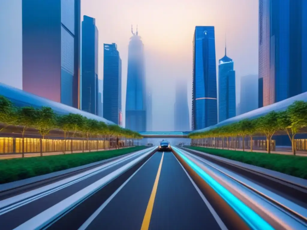 Metrópolis futurista: skyline tecnológico y diversidad urbana al anochecer El moderno horizonte urbano con tendencias demográficas y arquitectura futurista