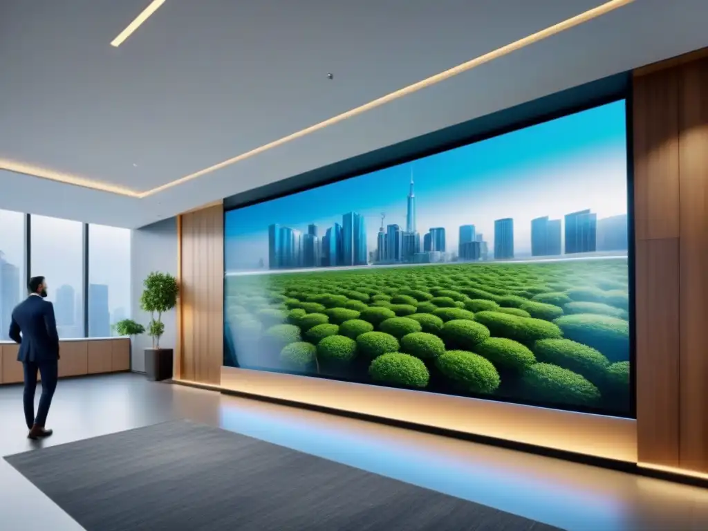 Un moderno lobby inmobiliario futurista con tecnología de vanguardia y estrategias de content marketing inmobiliario