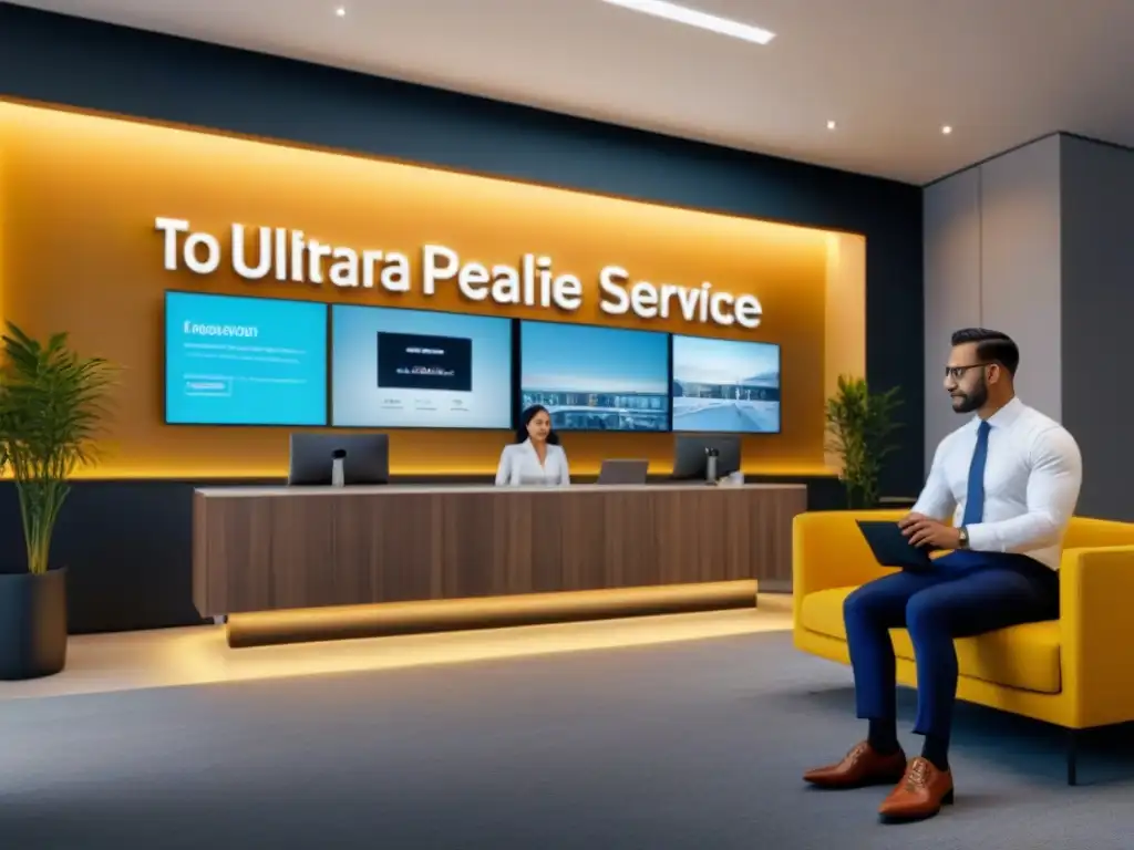 Oficina inmobiliaria moderna con chatbot en pantalla Moderno lobby de oficina inmobiliaria con chatbot en pantalla gigante