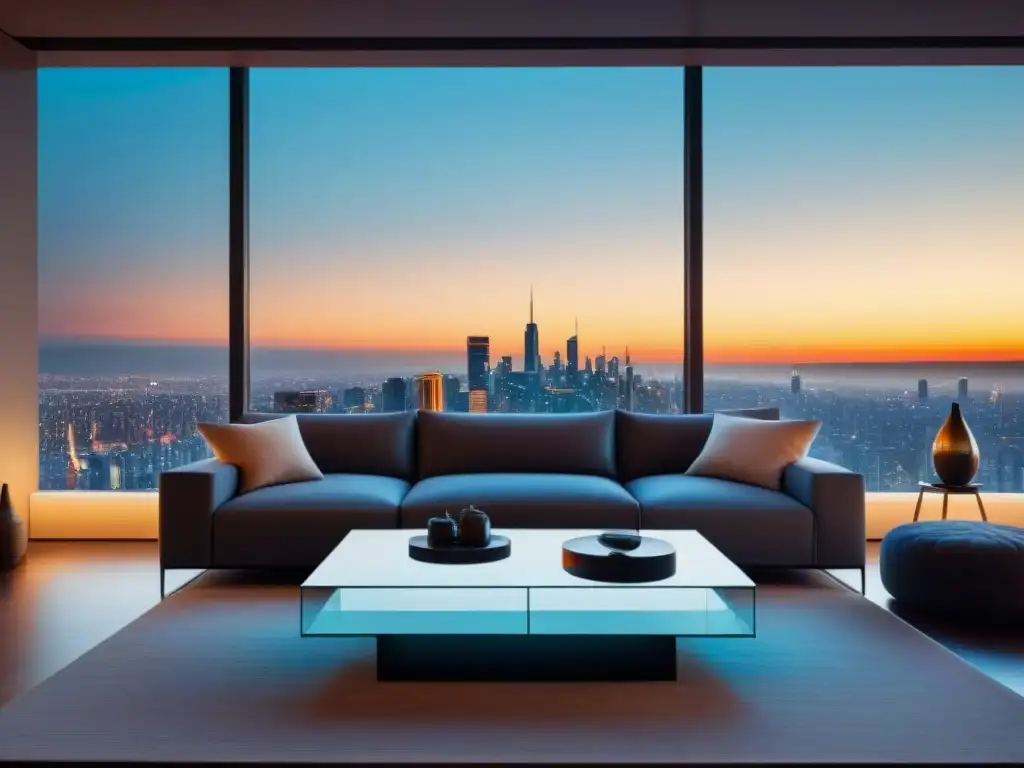 Salón moderno de lujo con vista a la ciudad al atardecer Moderno salón de lujo con diseño minimalista y vista a la ciudad al atardecer