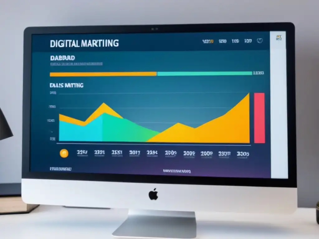 Un moderno panel de control de marketing digital inmobiliario con gráficos y análisis en tiempo real, transmitiendo decisiones estratégicas
